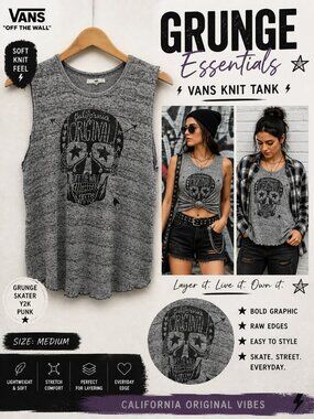 Vans Skull Graphic Knit Tank Gray Sleeveless Raw Edge Top Size M